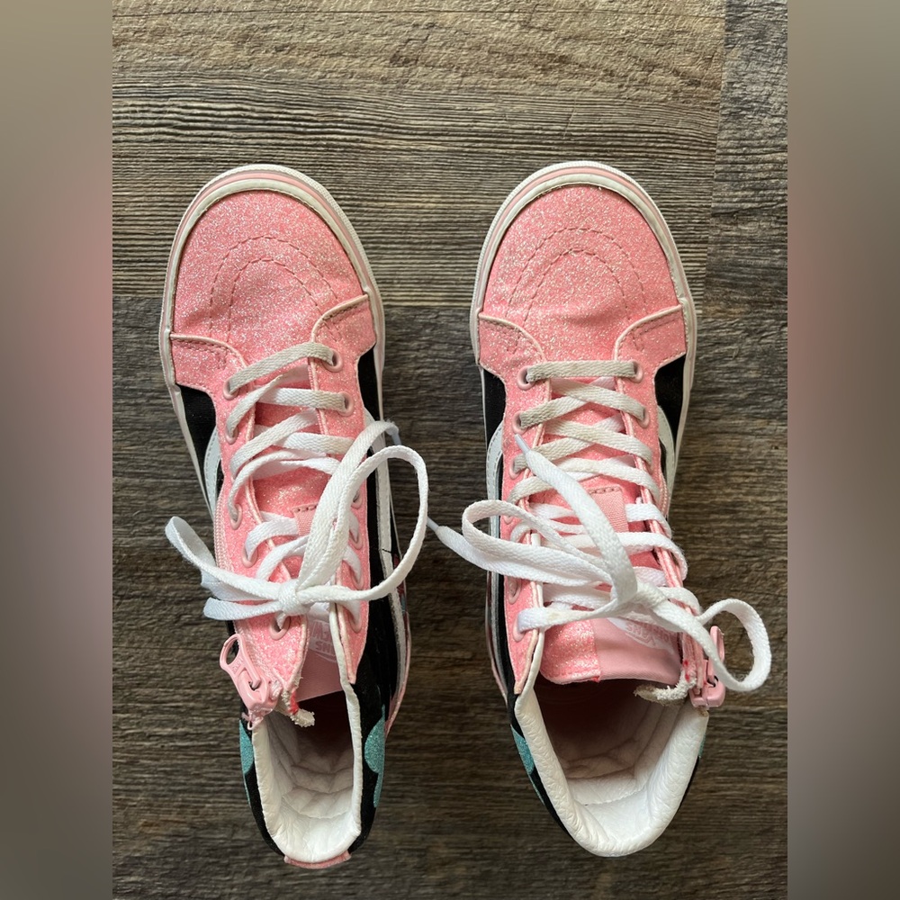Big Kids Hi Top Vans Pink Glitter Flowers Size 2.5Y